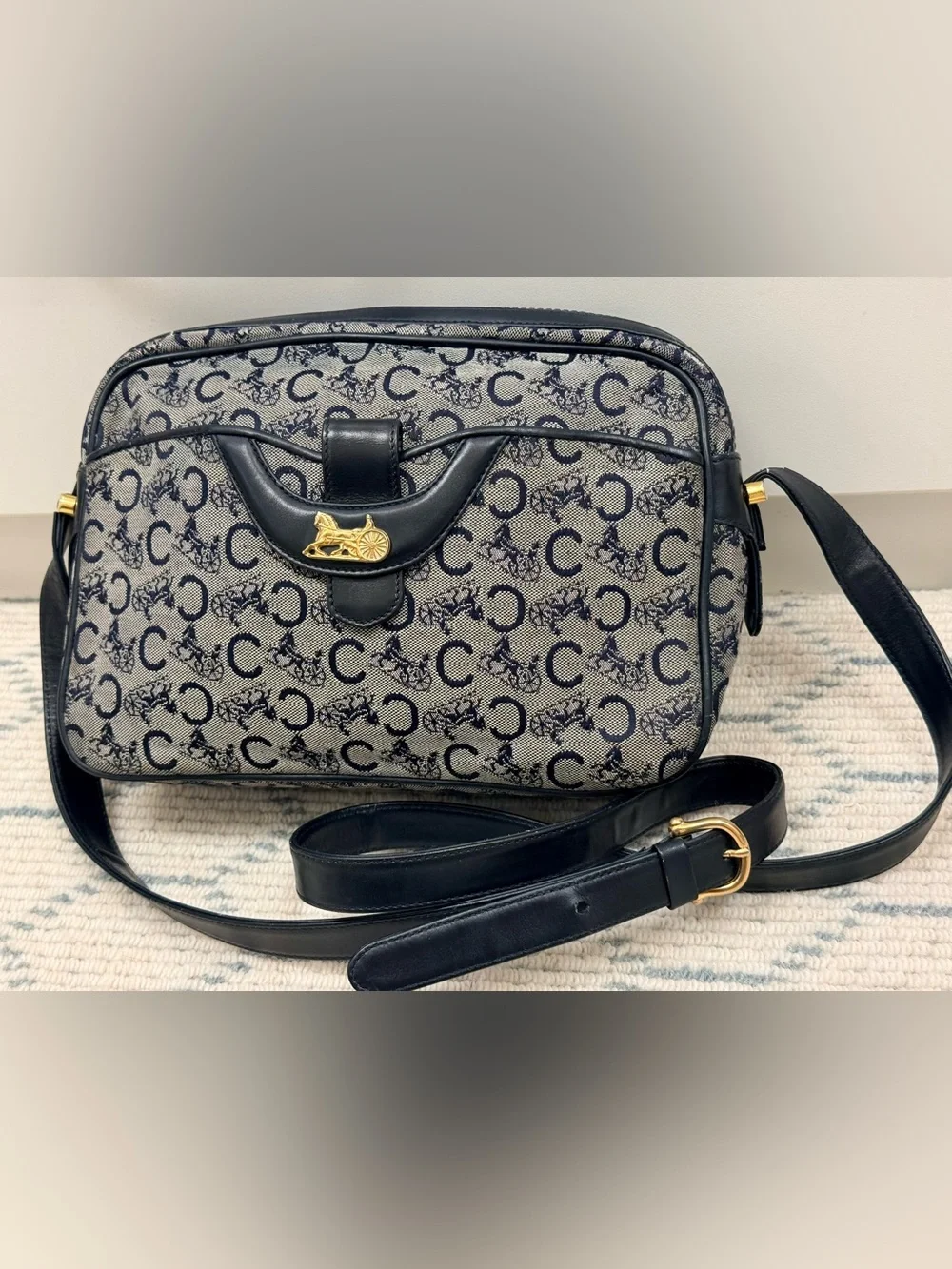 CELINE Vintage 80’s Navy C Sulky Canvas Monogram Carriage Adjust. Crossbody